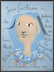 Jean Cocteau: Poster 'Jean Cocteau chez Lucie Weill' 1955, Galerie du Pont des Arts, Harlequin blue | Mourlot