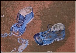 Reiner Schwarz: Unique lithograph 'Kinderspiel' 1974 signed, pair of blue child's shoes on brick-red paper