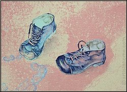 Reiner Schwarz: Signed lithograph 'Kinderspiel' 1974, pair of blue child's shoes on pastel brown, unique work