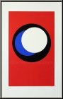 Genevive Claisse: Silkscreen Print, Black Blue & White Circles on Red, signed - Op-Art | Original Serigraphs